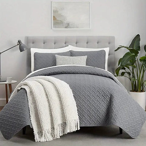3-Piece Basket Weave Quilt Set with Embossed Lightweight Blanket and Pillowcases