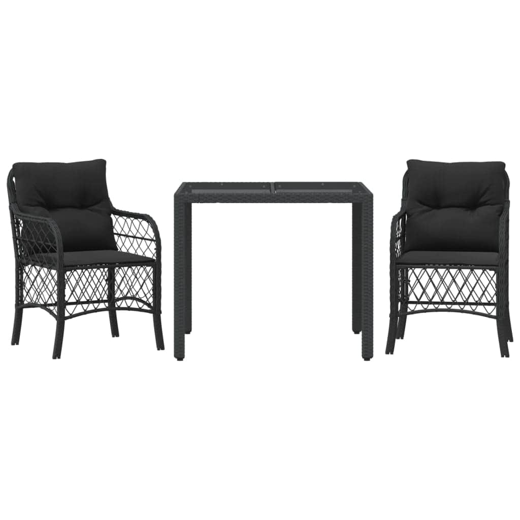 3-Piece Bistro Set in Black Poly Rattan with Cushions