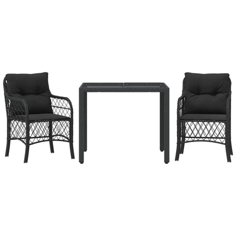 3-Piece Bistro Set in Black Poly Rattan with Cushions