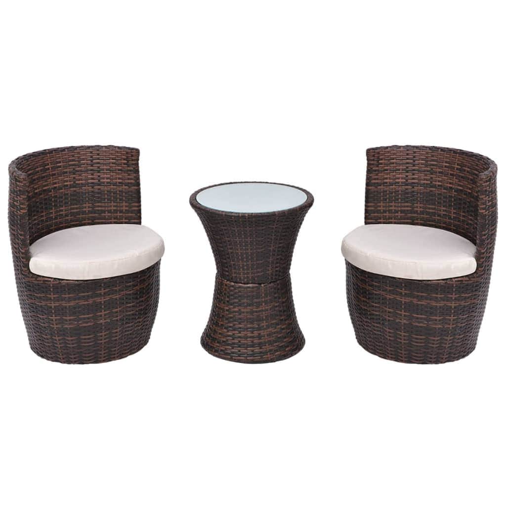 3 Piece Bistro Set with Cushions Poly Rattan Brown