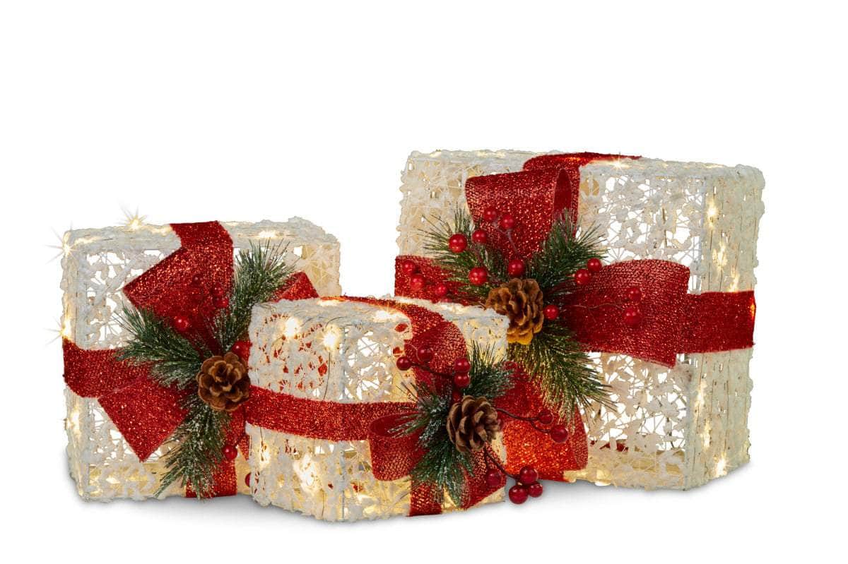 Red colour - 3 Piece Christmas Present Display Set with Lights & Red Bows