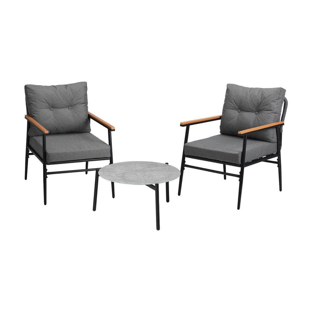 3 Piece Outdoor Patio Set 50cm Table Grey and Black Armchair