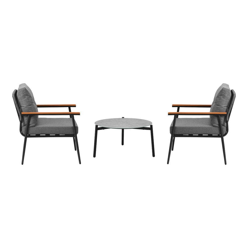 3 Piece Outdoor Patio Set 50cm Table Grey and Black Armchair