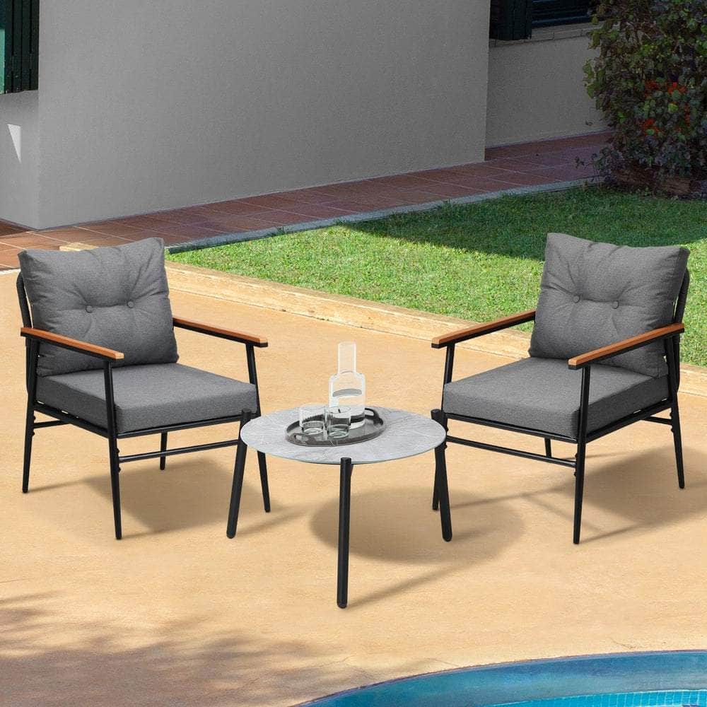 3 Piece Outdoor Patio Set 50cm Table Grey and Black Armchair
