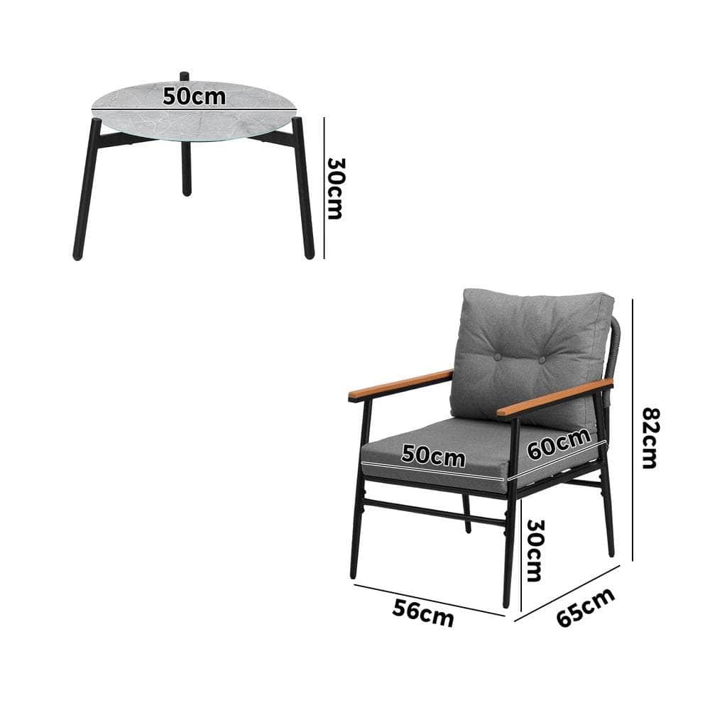 3 Piece Outdoor Patio Set 50cm Table Grey and Black Armchair