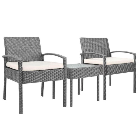 3Pc Patio Furniture Bistro Set Wicker Outdoor Lounge Setting Grey