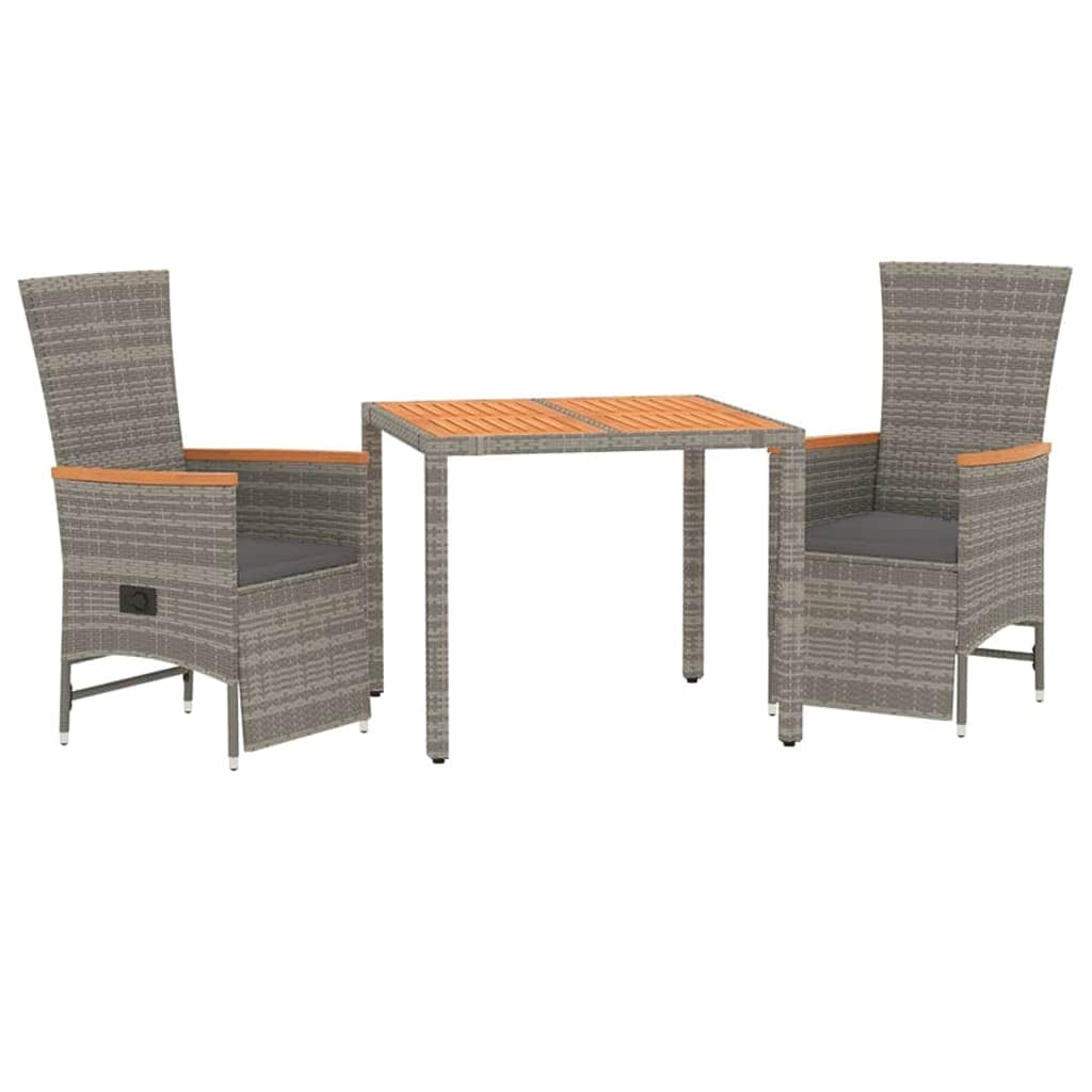 3-Piece Poly Rattan Garden Dining Set in Grey with Cushions