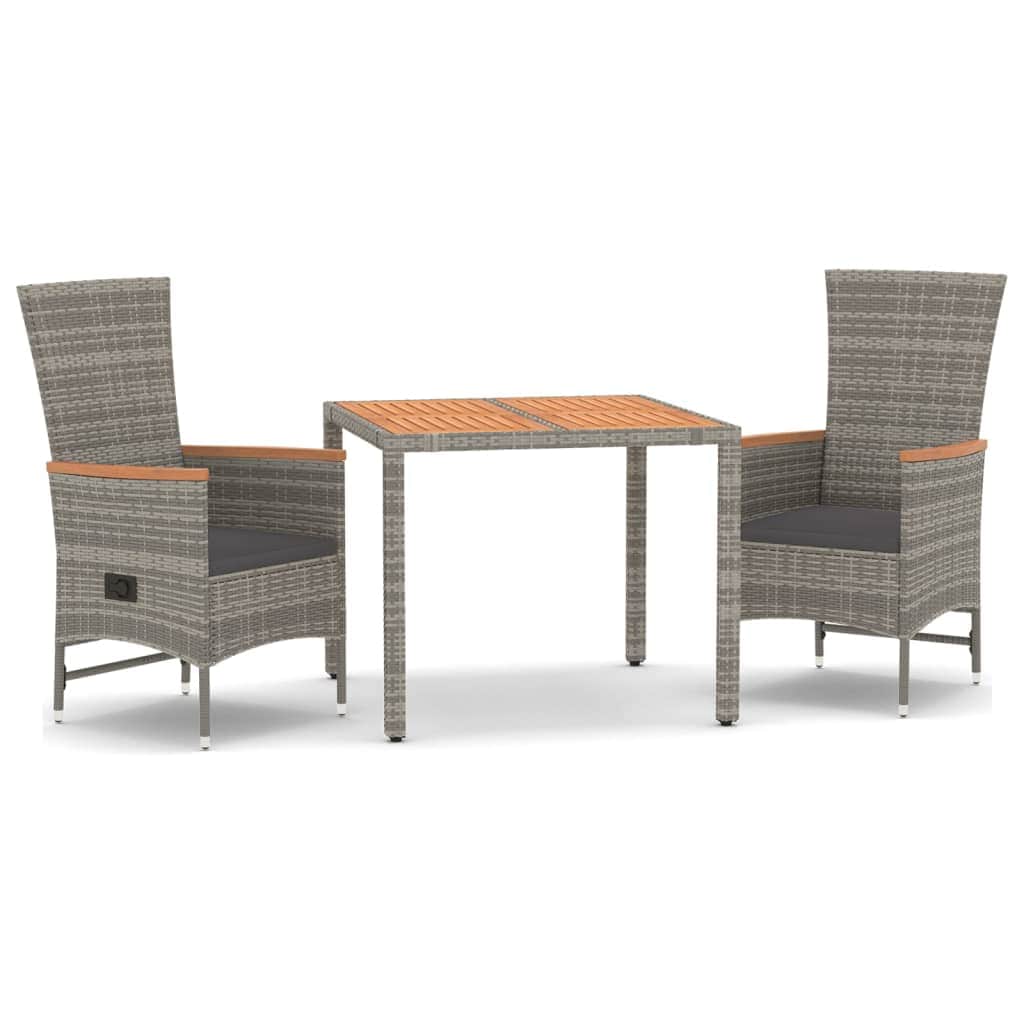 3-Piece Poly Rattan Garden Dining Set in Grey with Cushions