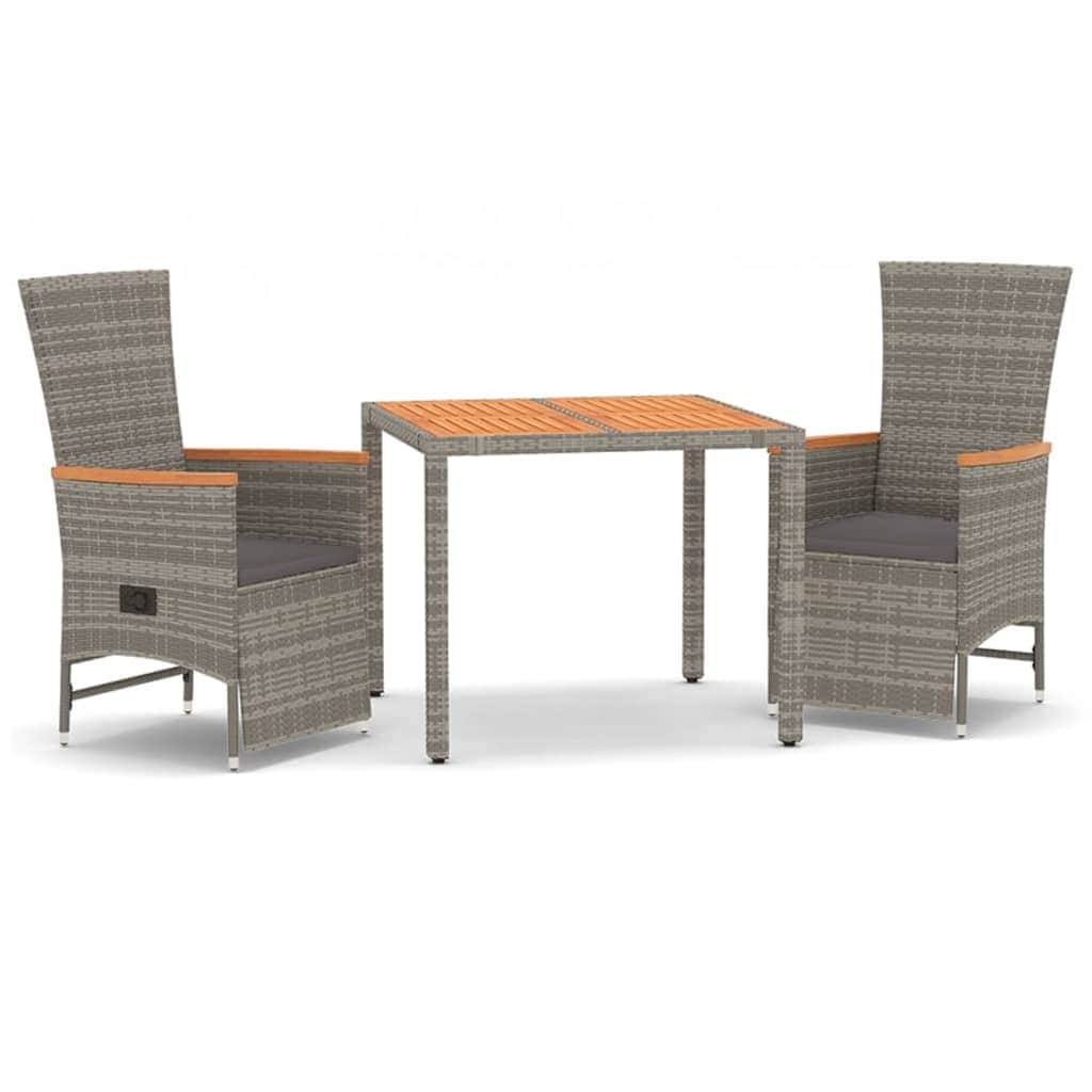 3-Piece Poly Rattan Garden Dining Set in Grey with Cushions
