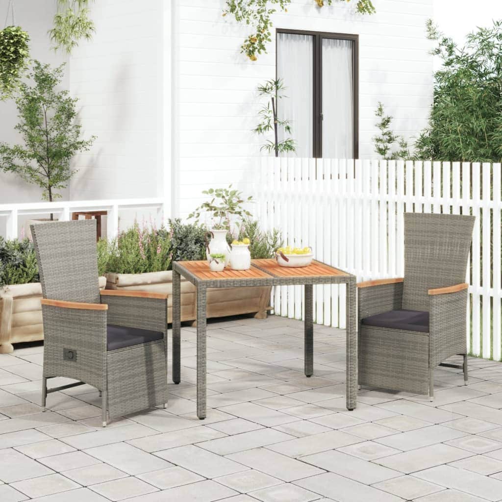 3-Piece Poly Rattan Garden Dining Set in Grey with Cushions