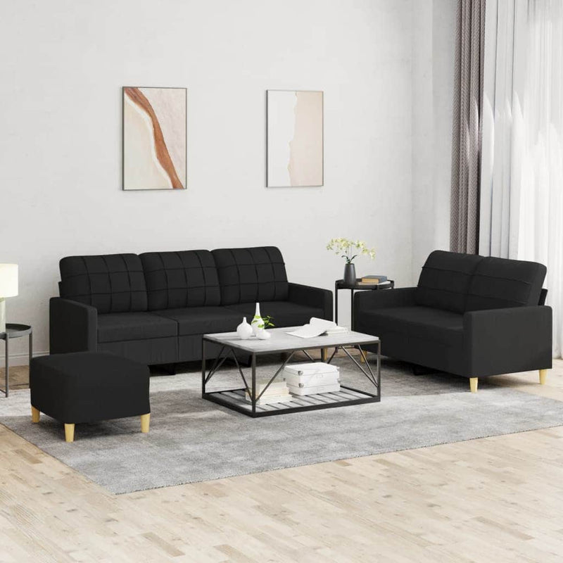 Black colour - 3 Piece Sofa Set with Cushions Black Fabric