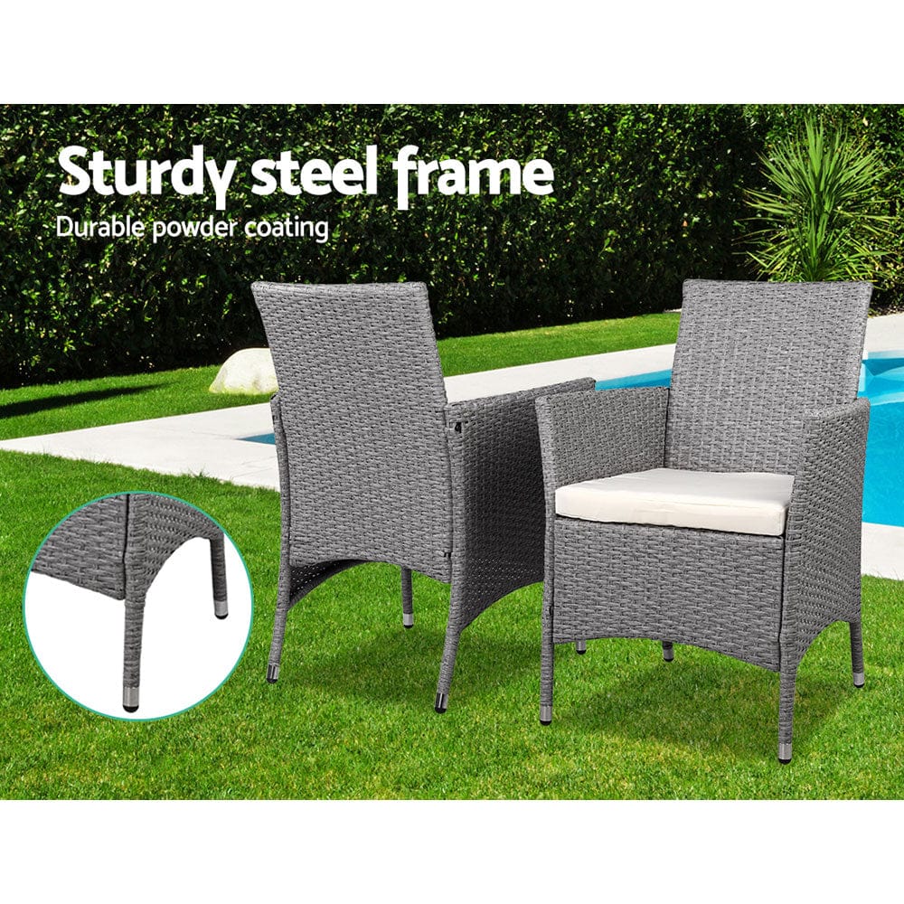 Outdoor Chairs - 3Pc Outdoor Bistro Set Patio Furniture Wicker Setting Chairs Table Cushion Grey