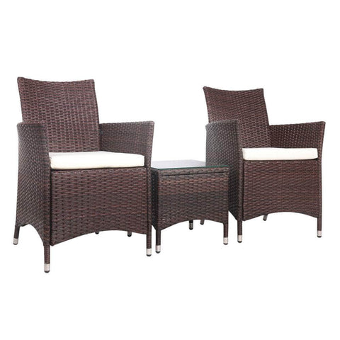 3Pc Outdoor Bistro Set Patio Furniture Wicker Setting Chairs Table Cushion Brown