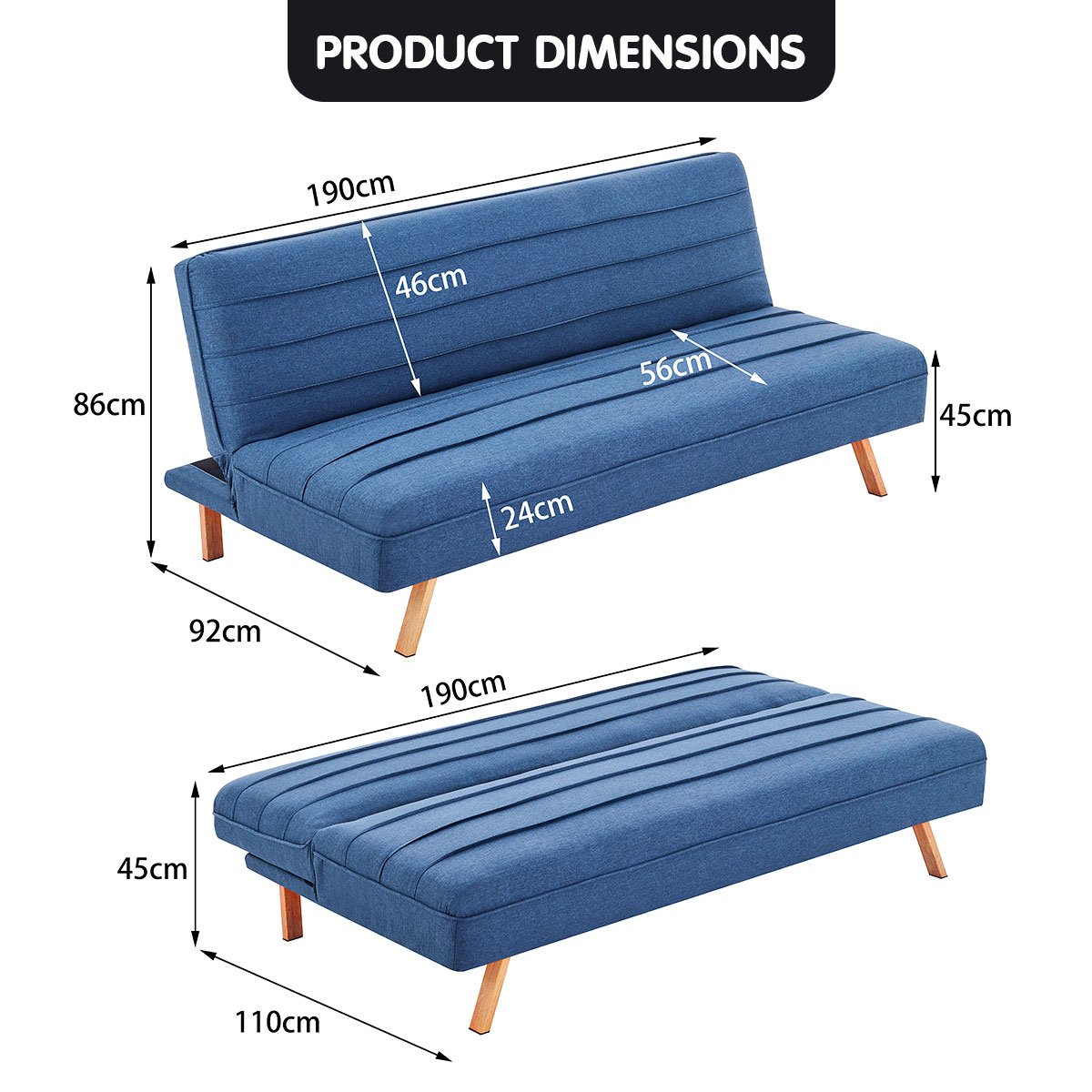 Blue colour - 3 Seater Modular Linen Fabric Sofa Bed Couch - Dark Blue