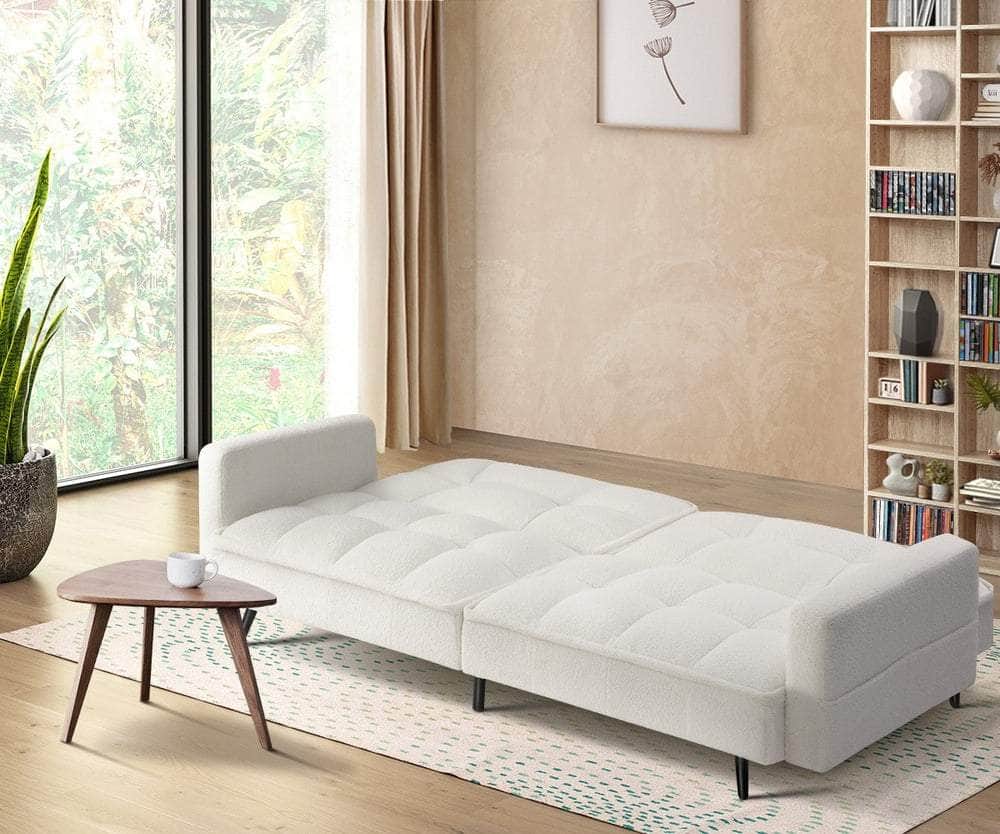 3-Seater Sofa Bed Convertible Boucle Sherpa Lounge Couch White