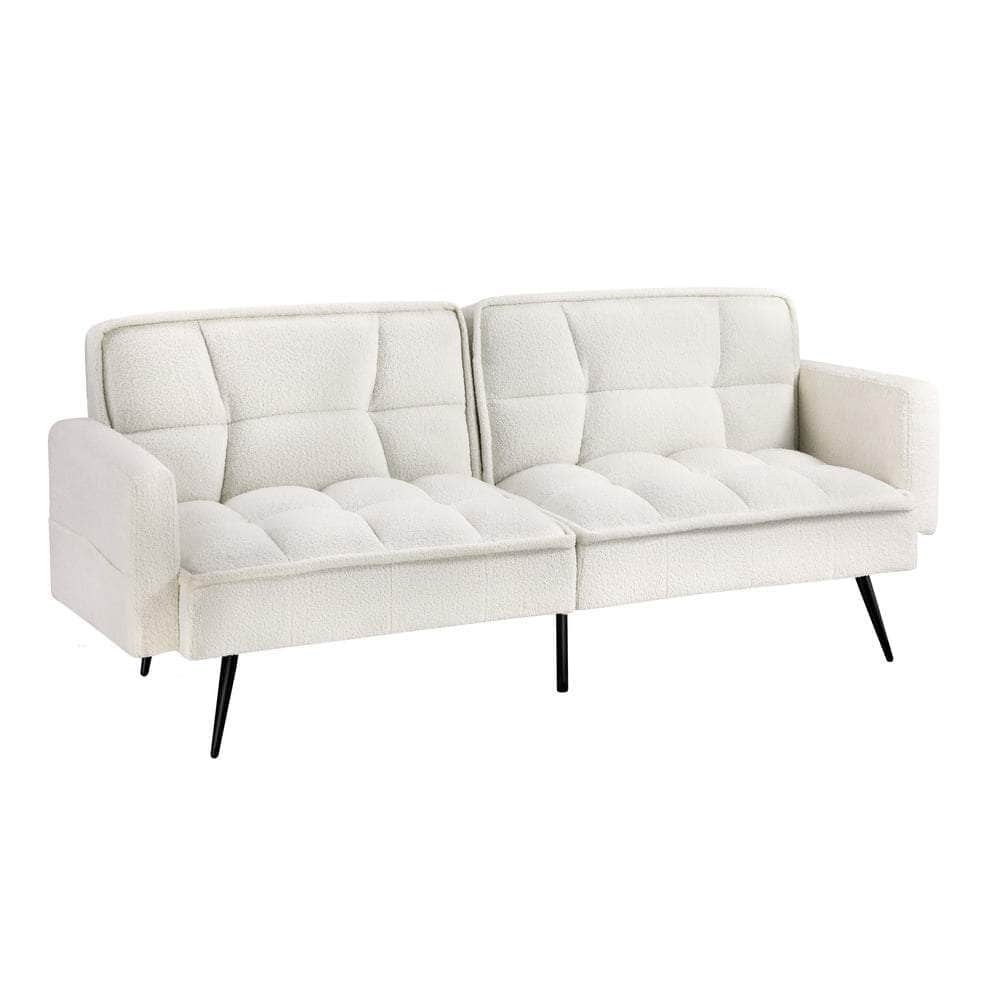 3-Seater Sofa Bed Convertible Boucle Sherpa Lounge Couch White