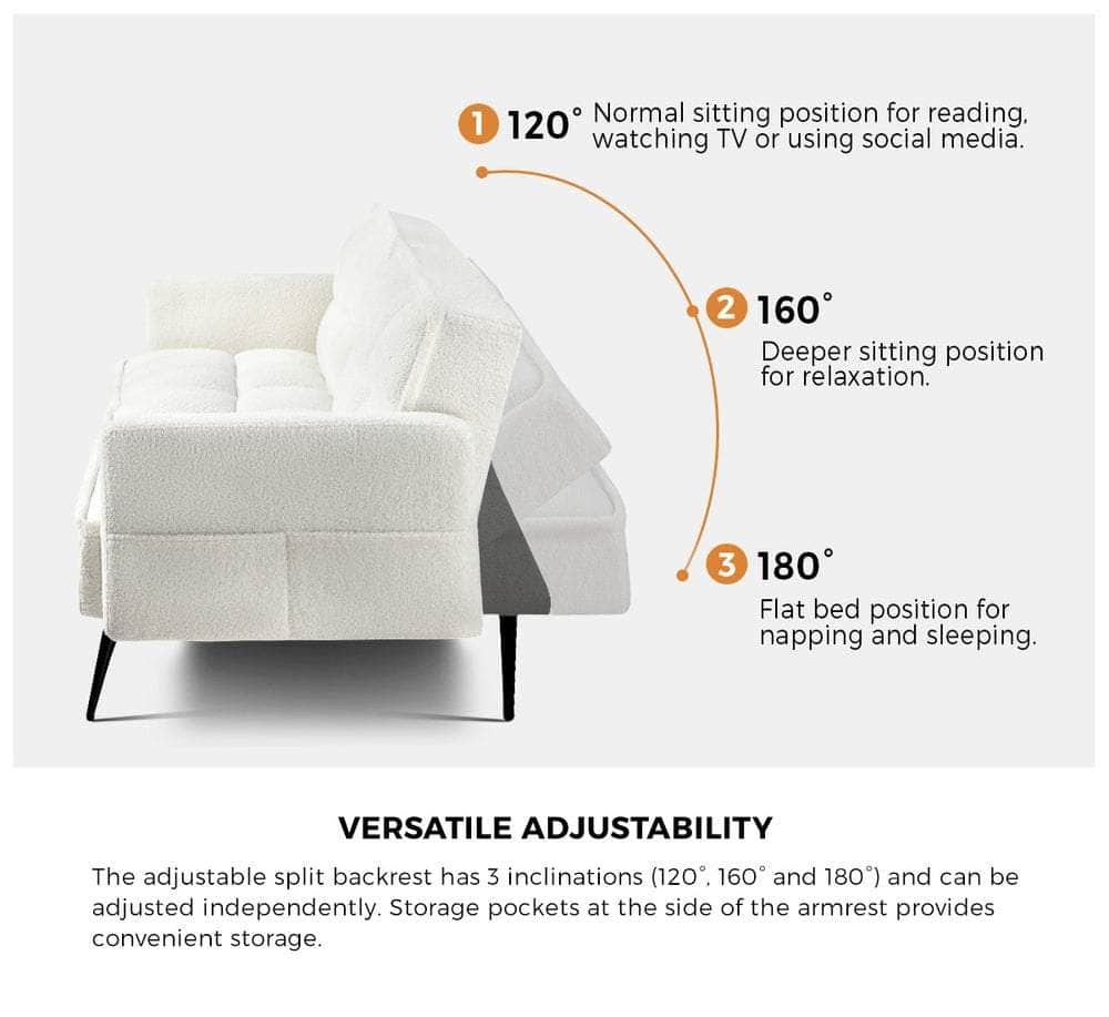 3-Seater Sofa Bed Convertible Boucle Sherpa Lounge Couch White