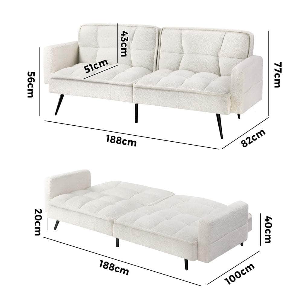 3-Seater Sofa Bed Convertible Boucle Sherpa Lounge Couch White