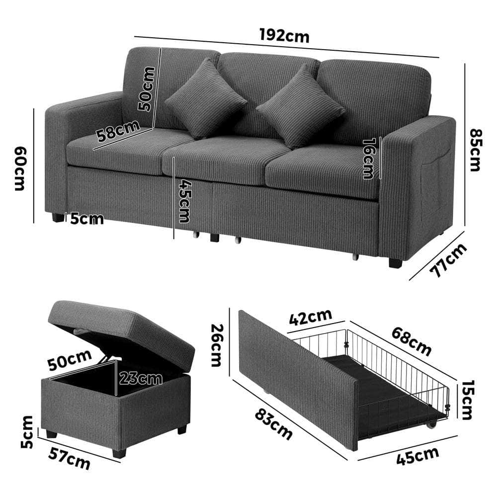 3 Seater Sofa Modular Couch Drawers Ottoman Velvet