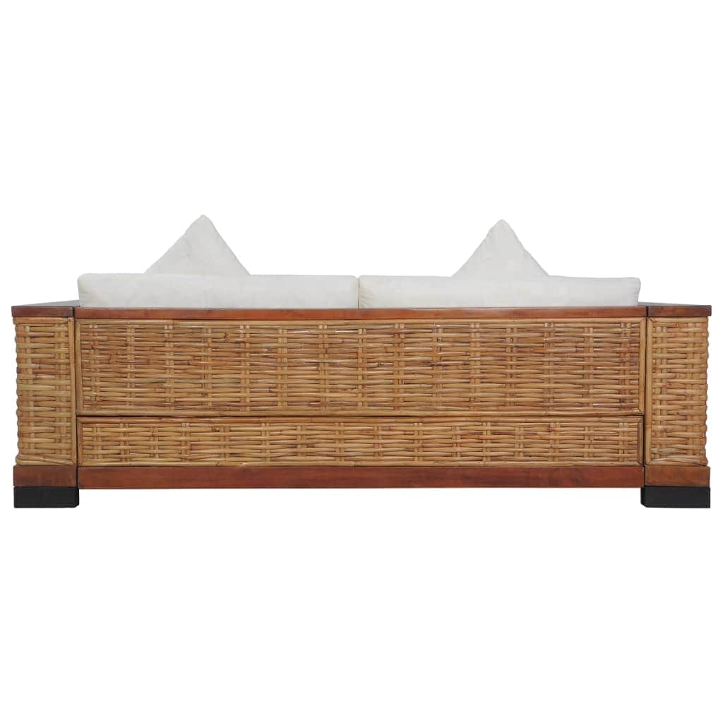 3-Seater Sofa with Cushions Brown Natural Rattan