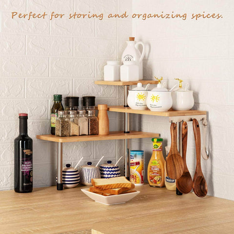 3 Tier Corner Shelf Kitchen Spice Rack Organiser With Hooks For Home Storage