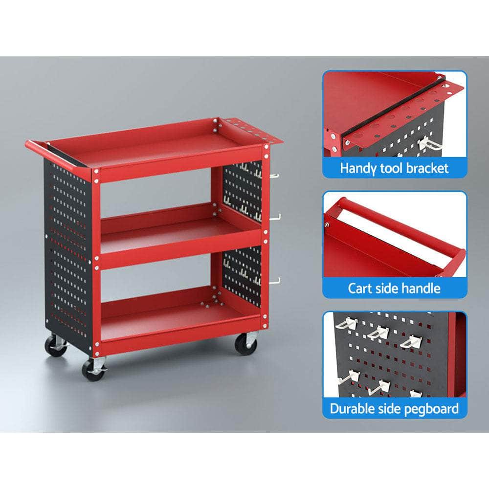 3-Tier Tool Cart Storage Trolley Workshop Garage Pegboard Hooks Red