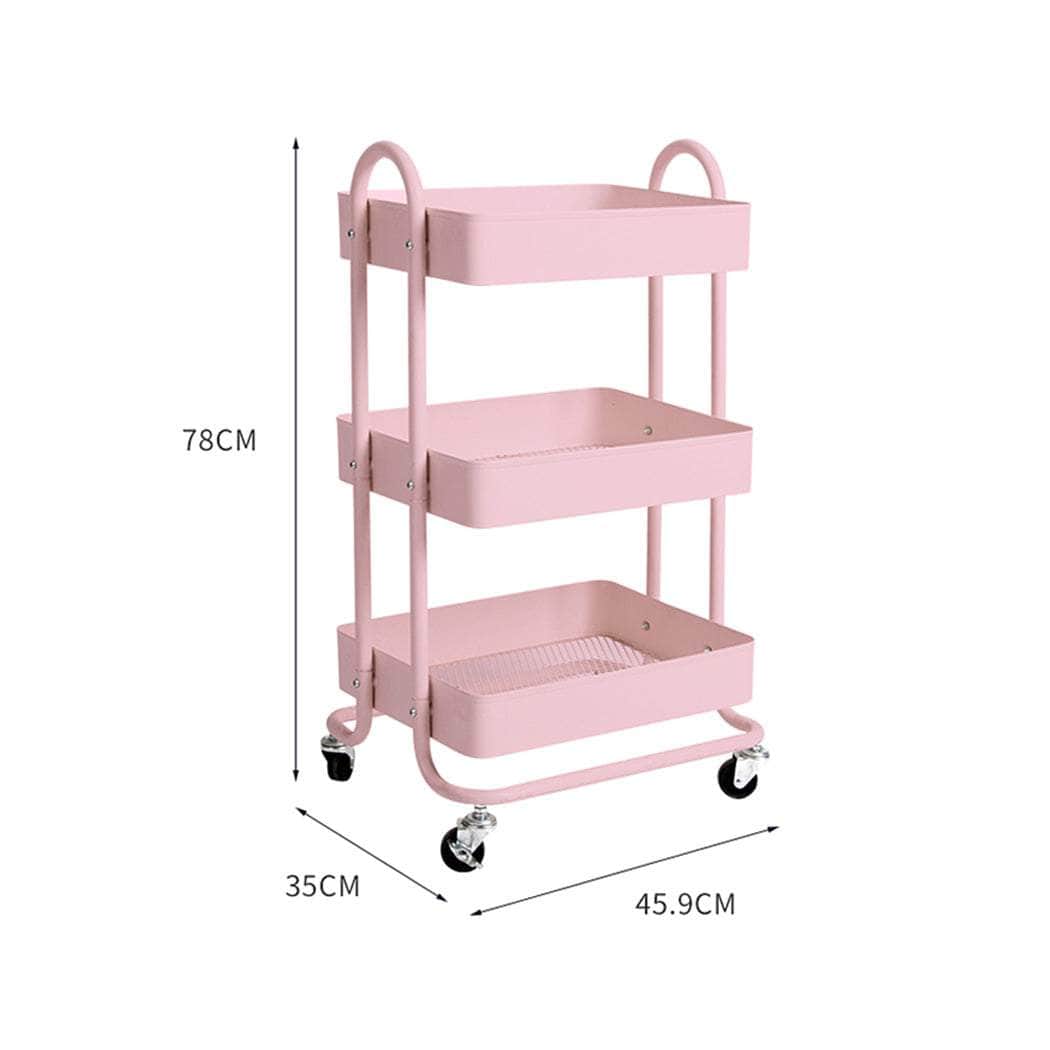 3 Tiers Kitchen Trolley Cart Steel Storage Rack Pink