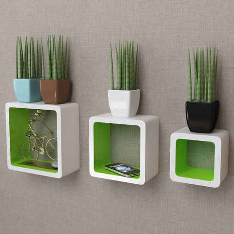 3 White-green MDF Floating Wall Display Shelf Cubes Book/DVD Storage