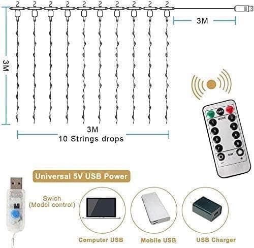 300 Leds Curtain Fairy Lights With Remote Control (Warm White)