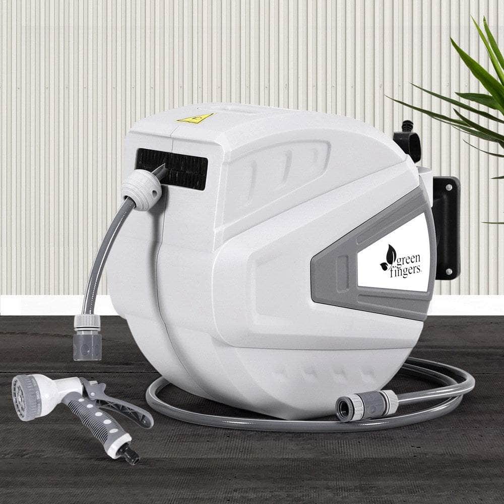 30M Water Hose Reel Retractable Auto Rewind Wall Mount Garden Spray Gun