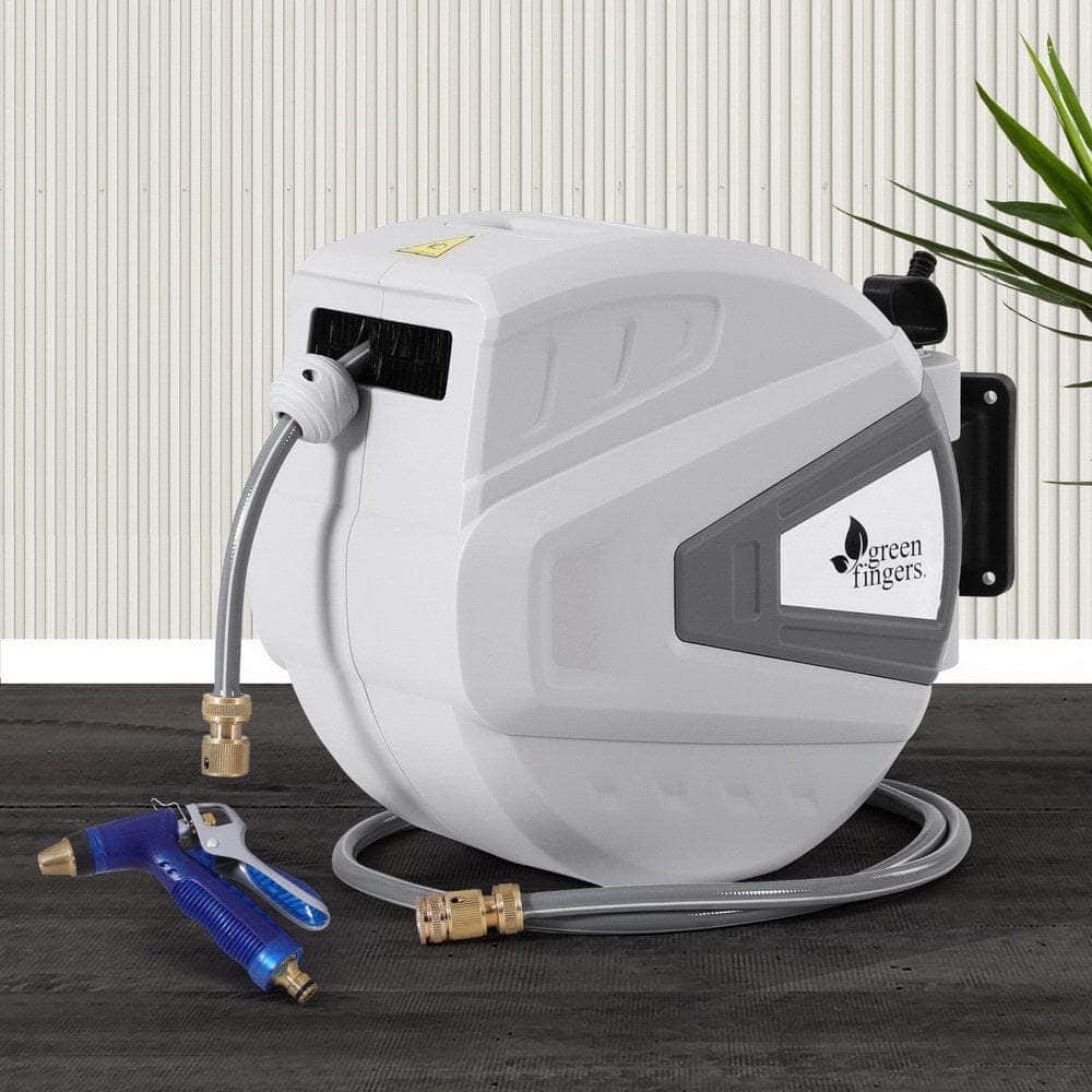 30M Water Hose Reel Retractable Auto Rewind Wall Mount Garden Spray Gun