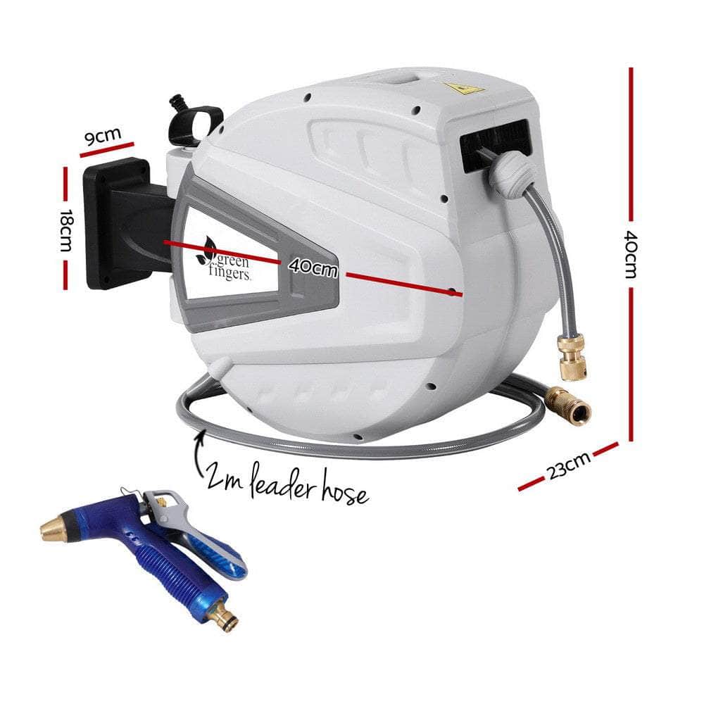 30M Water Hose Reel Retractable Auto Rewind Wall Mount Garden Spray Gun