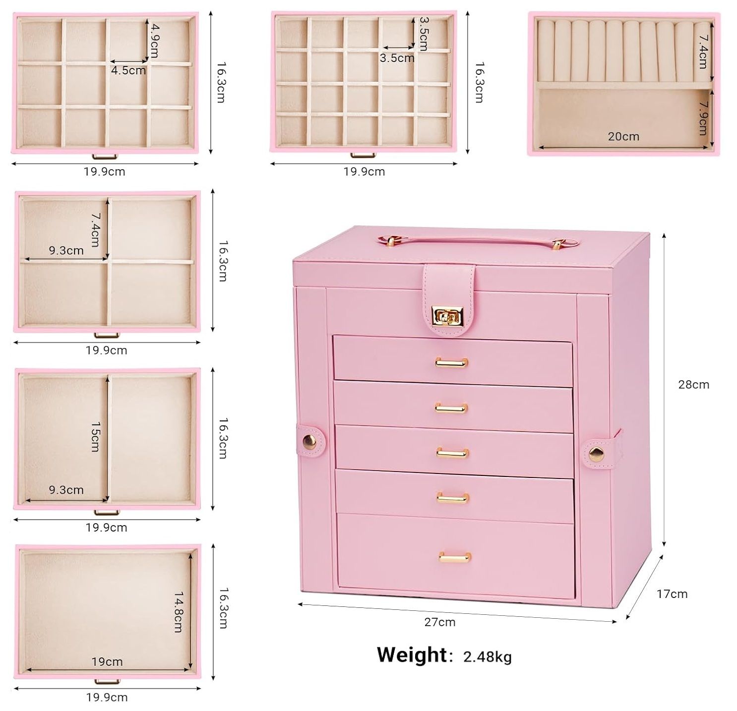 Jewelry Box 6 Layer Pink 27x28x17cm