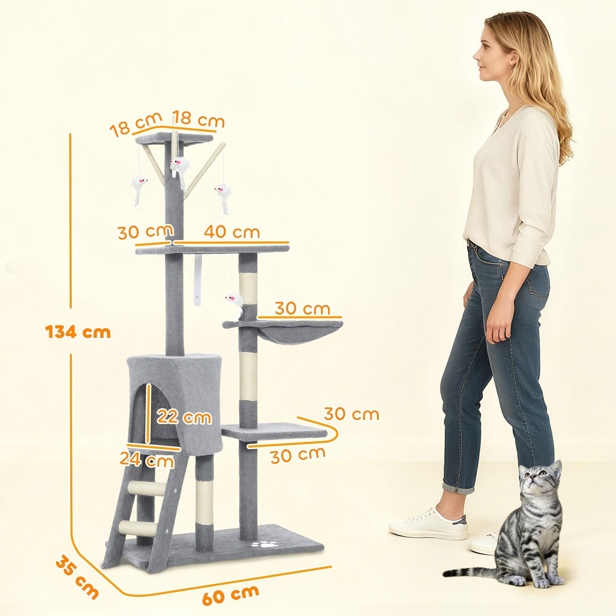 Cat Tree Tower Grey 35x134x60cm