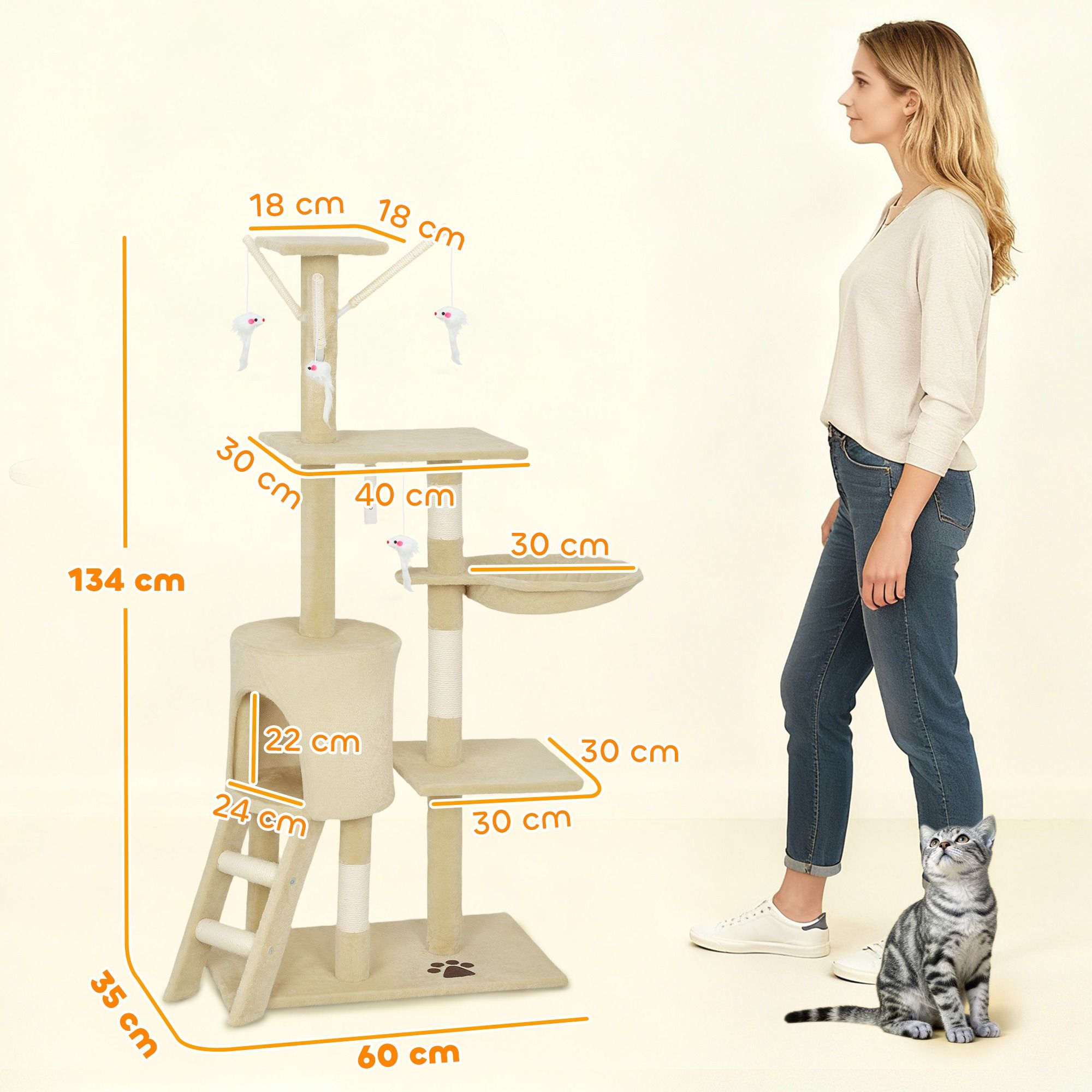 Cat Tree Tower Beige 35x134x60cm