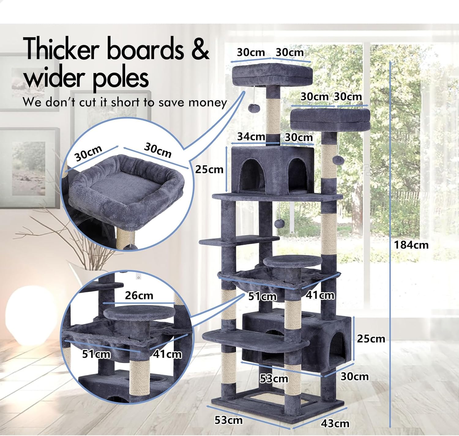 Cat Tree Tower 180cm High 53x184x43cm