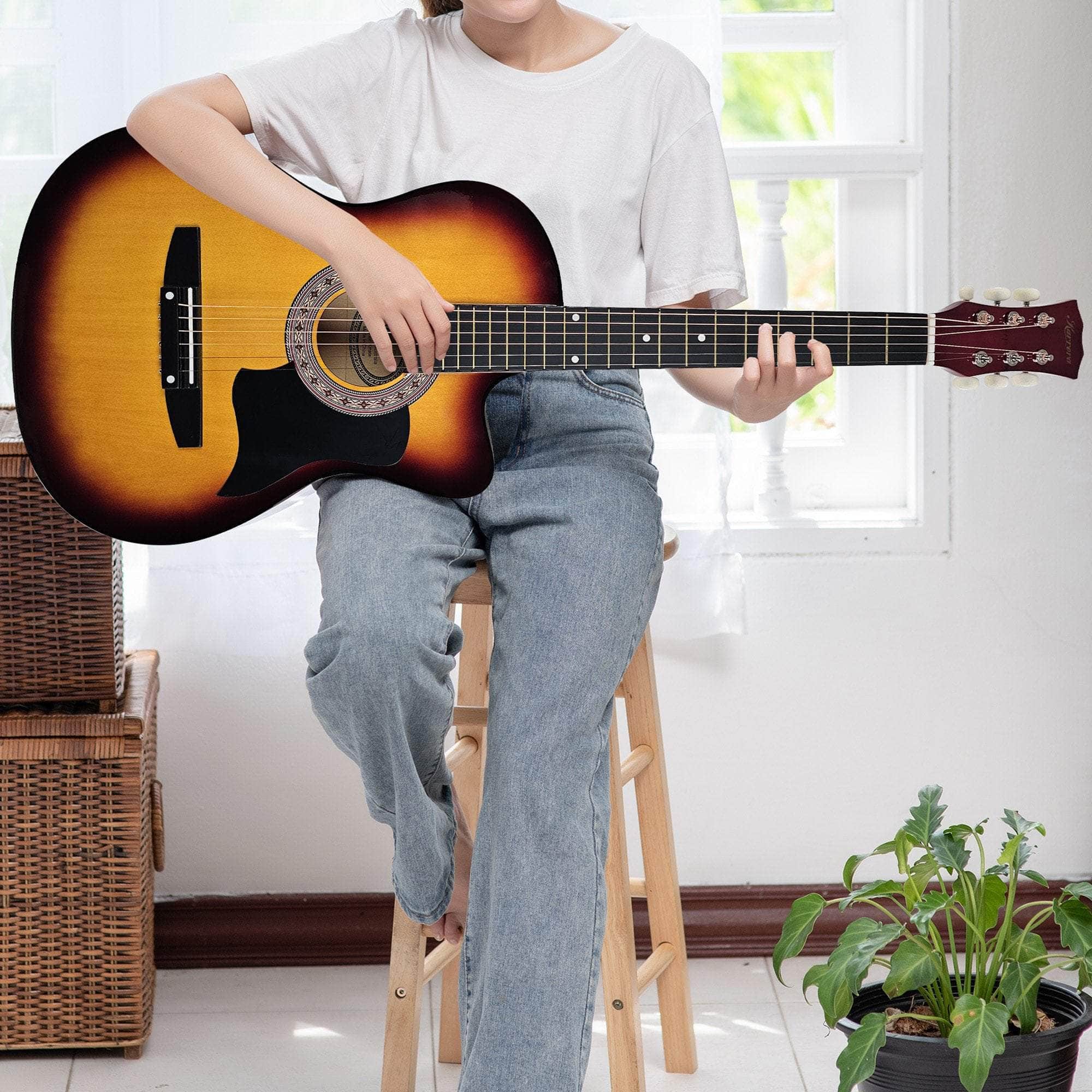 38in Acoustic Guitar Steel Strings Carry Bag Shoulder Strap Sun Burst