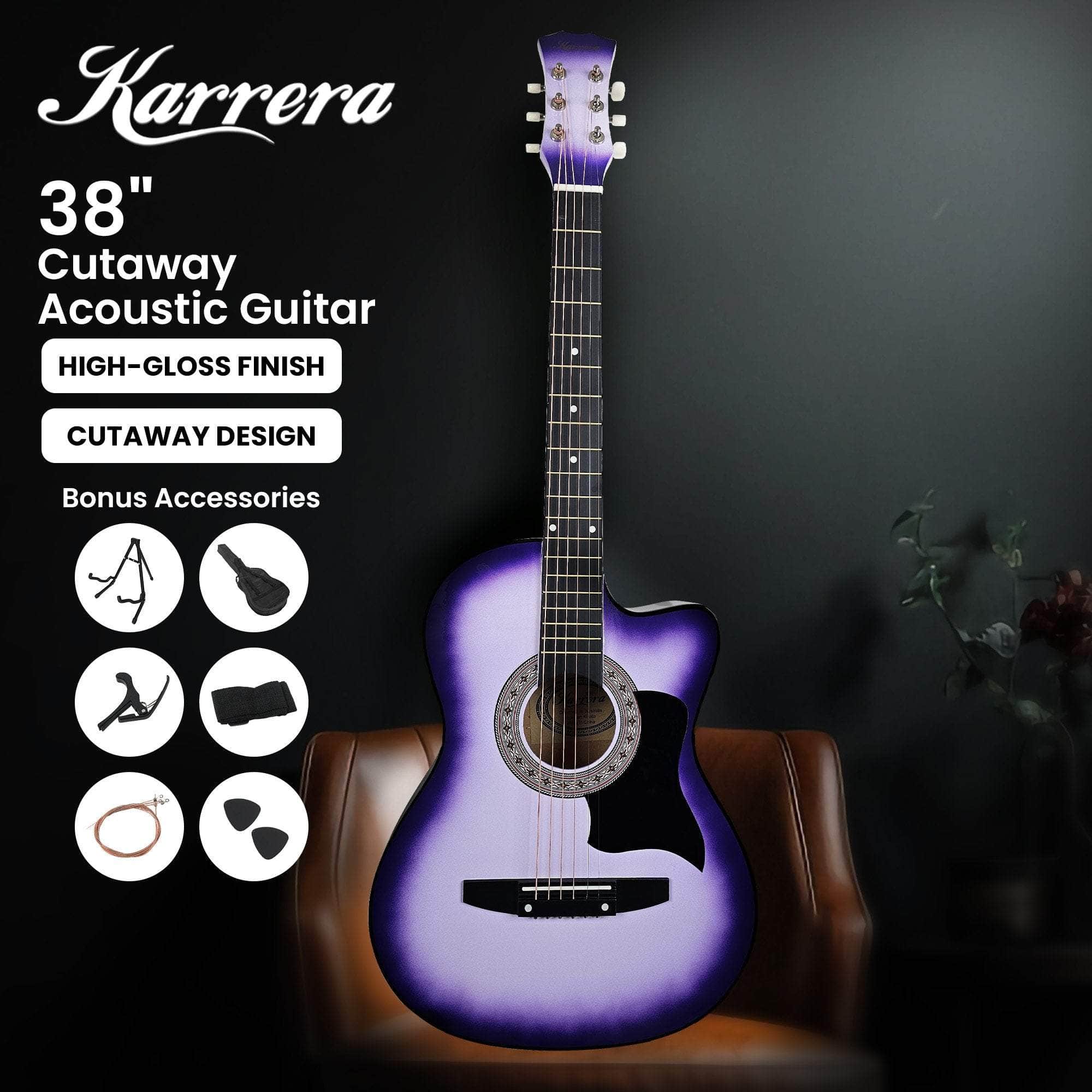 guitars - 38in Pro Cutaway Acoustic Guitar with Carry Bag - Purple Burst