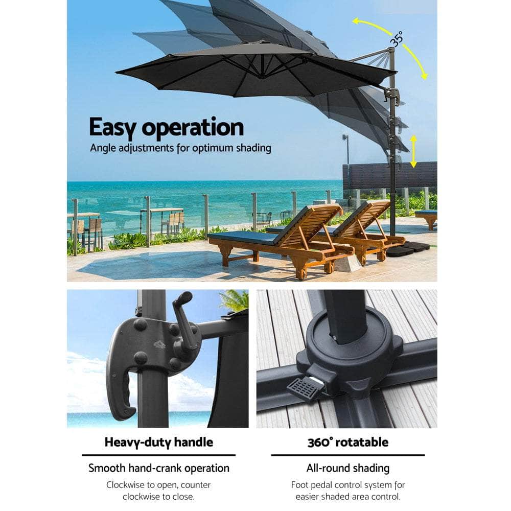 3M Outdoor Umbrella W/Base Cantilever Beach Roma 360 Degree Tilt Black