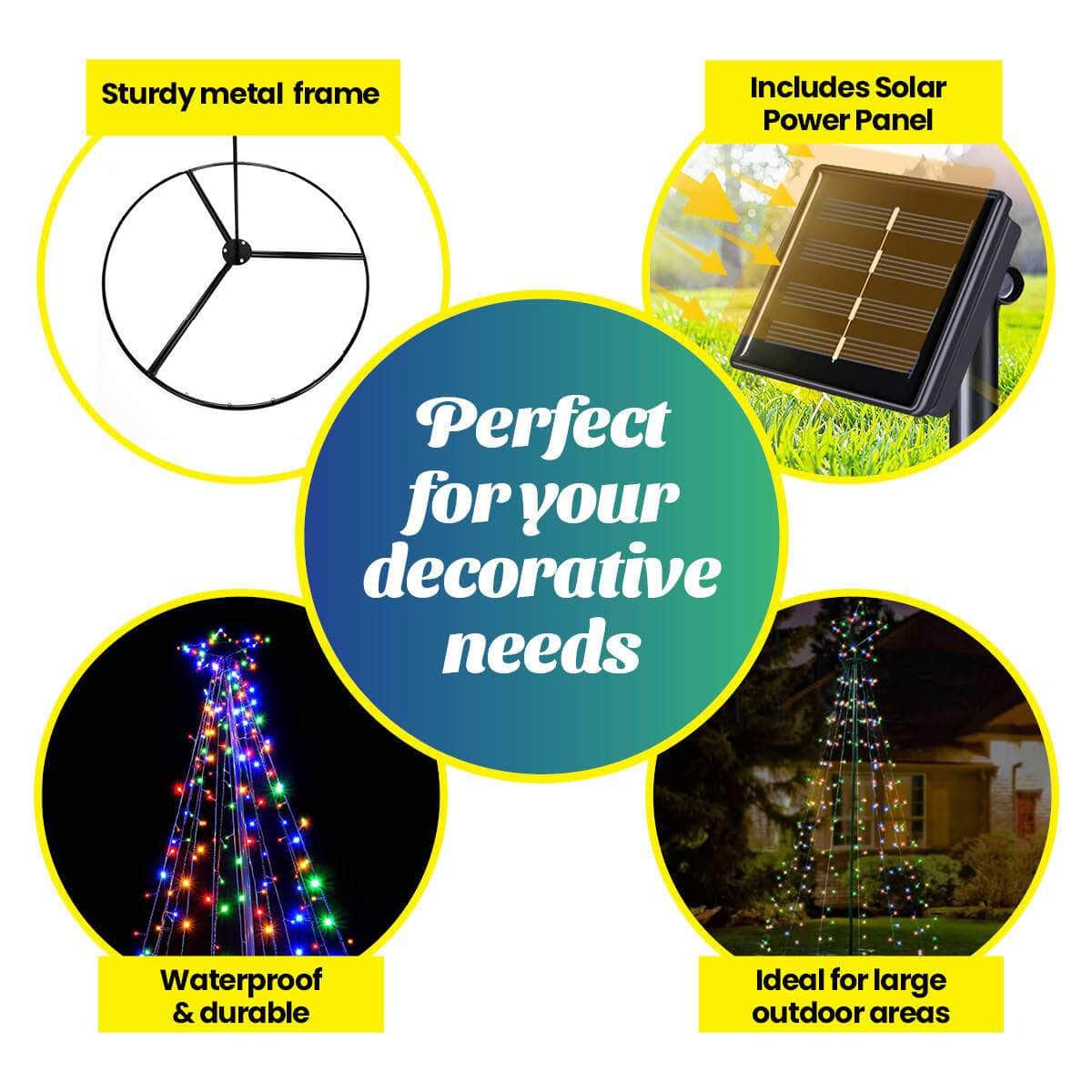3m Tree Shaped LED Multicoloured Solar Lights & Metal Frame