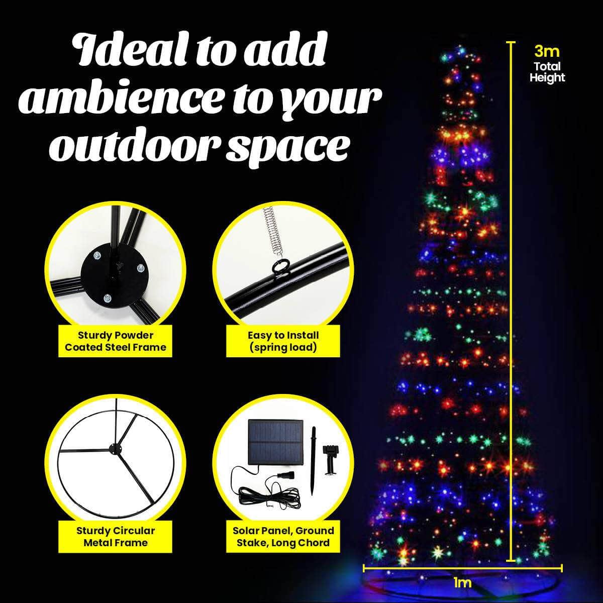 3m Tree Shaped LED Multicoloured Solar Lights & Metal Frame