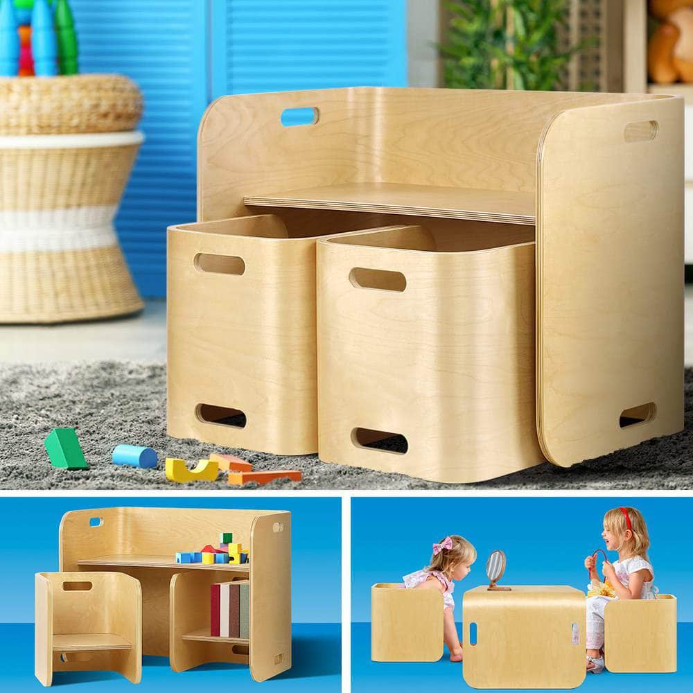 3PC Kids Table and Chairs Set Toys Play Desk Children Shelf Storage Beige