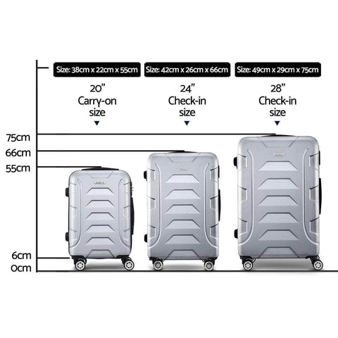 3pc Luggage Trolley Travel Suitcase Set TSA Hard Case Shell Strap Silver