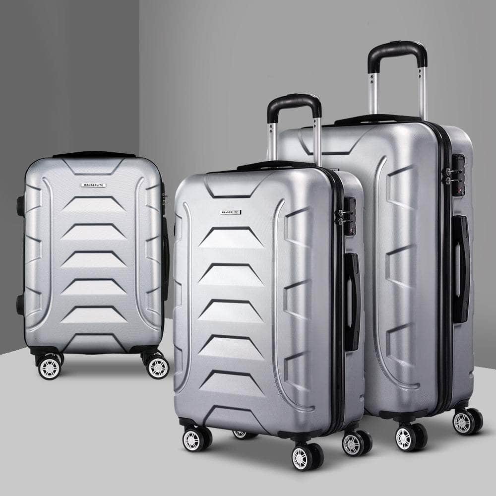 3pc Luggage Trolley Travel Suitcase Set TSA Hard Case Shell Strap Silver