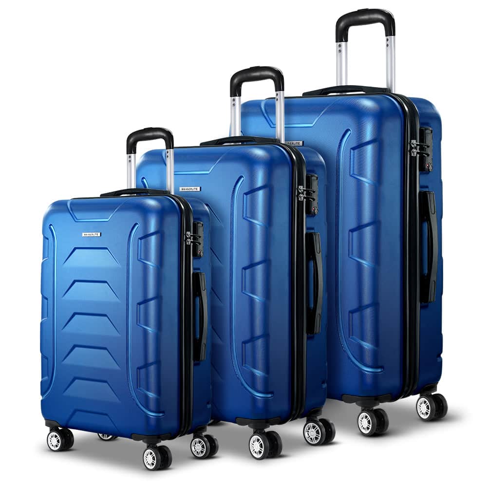 3pc Luggage Trolley Travel Suitcase Set TSA Hard Shell Case Strap Blue