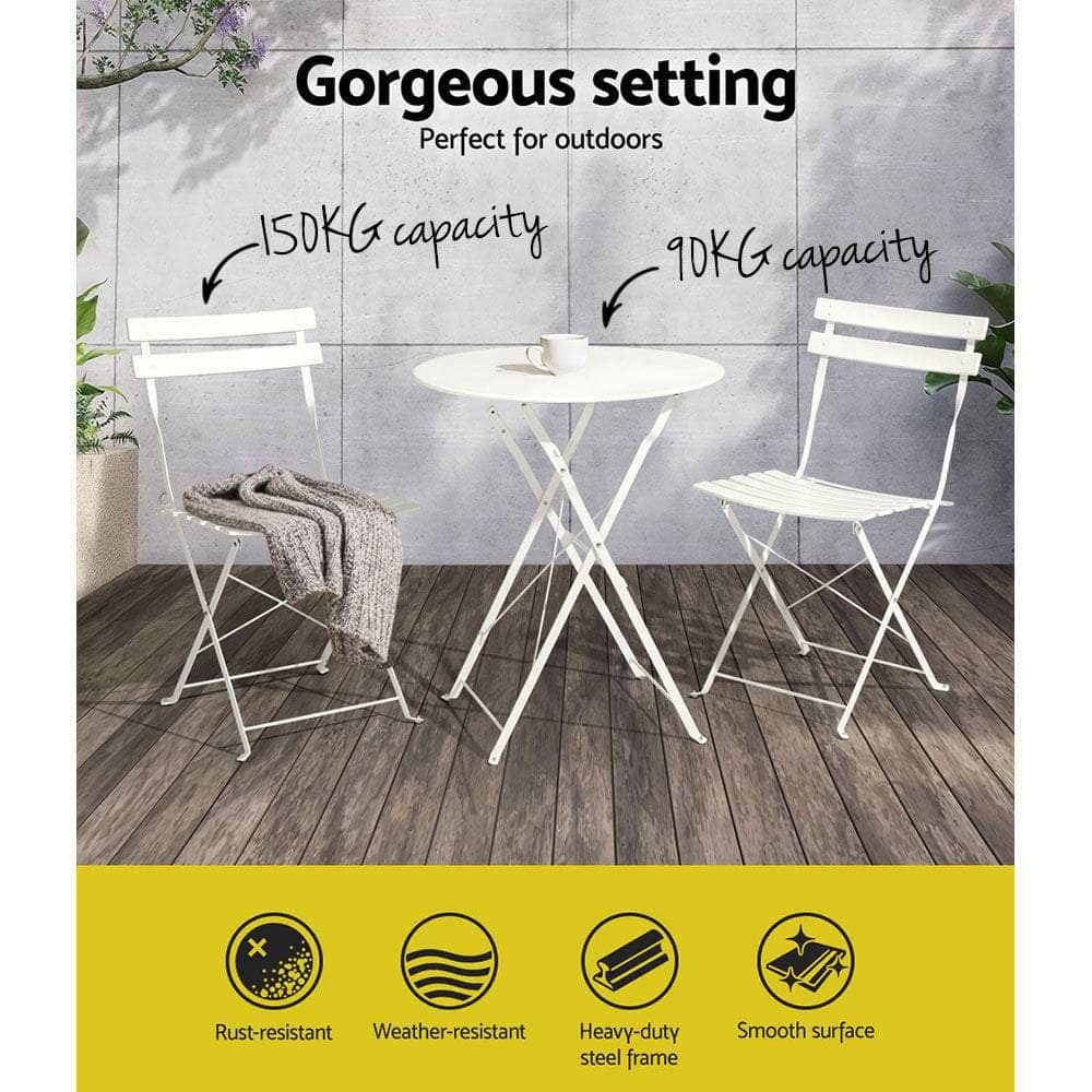 3Pc Outdoor Bistro Set Steel Table And Chairs Patio Furniture White