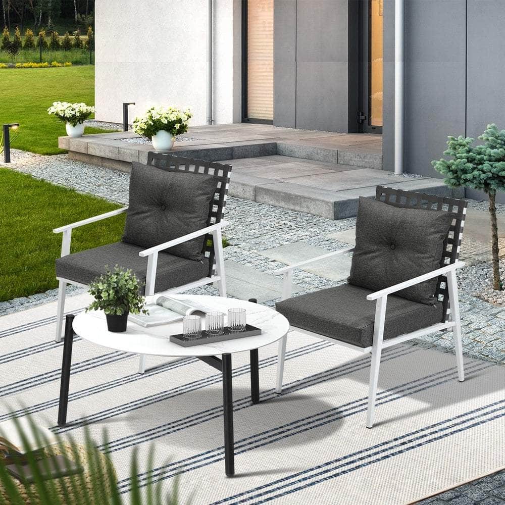 3pc Outdoor Lounge Sets 70CM Grey & White Round Table Rattan Chairs