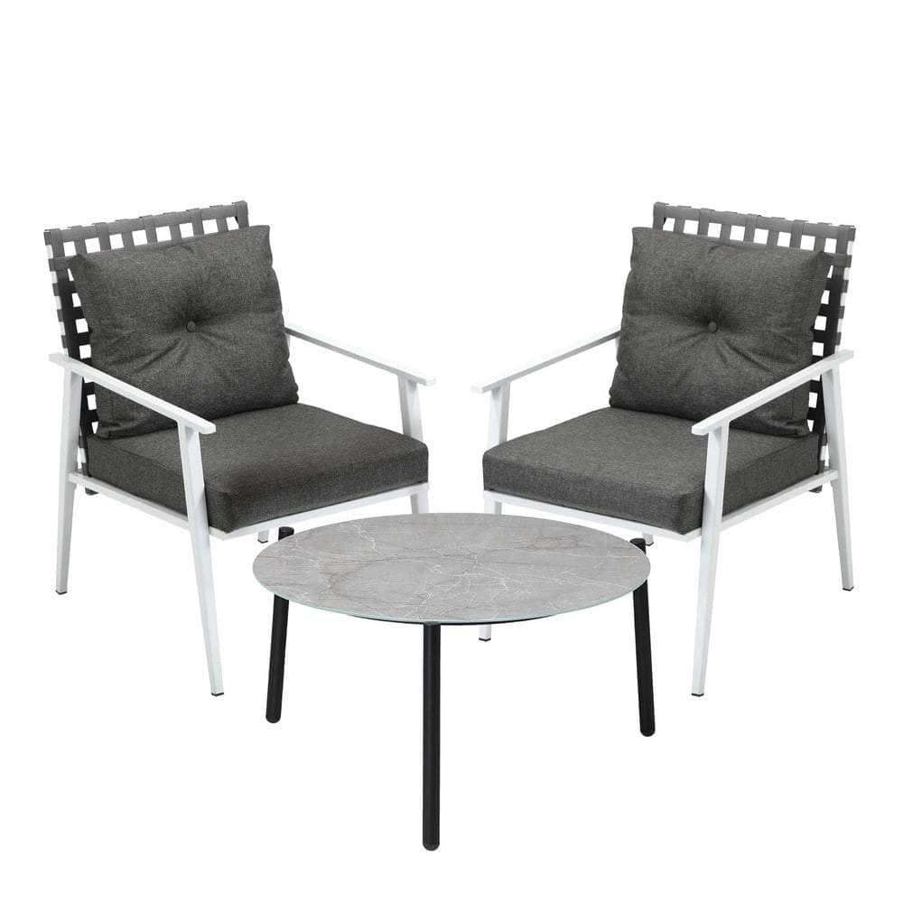 3pc Outdoor Lounge Sets 70CM Grey & White Round Table Rattan Chairs