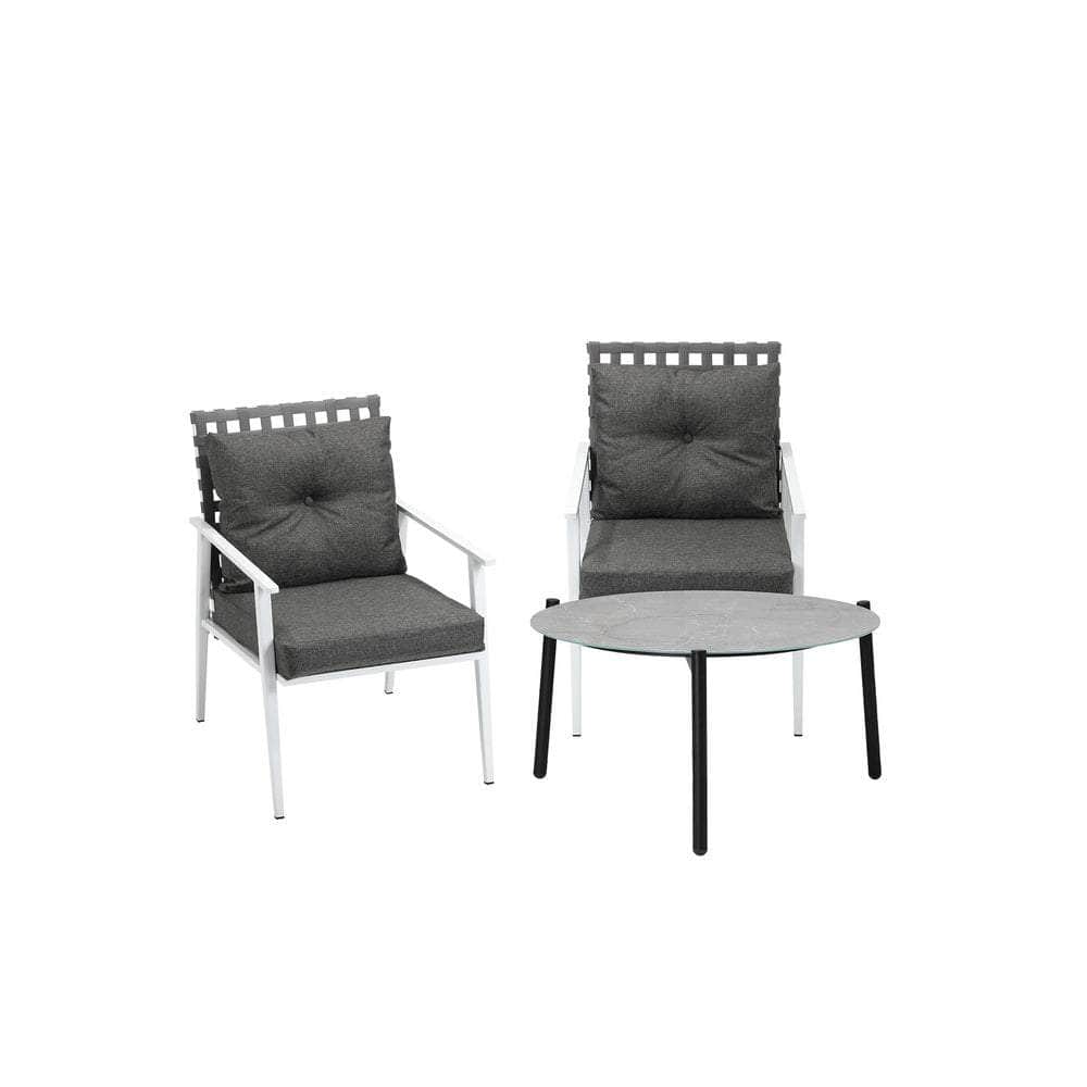 3pc Outdoor Lounge Sets 70CM Grey & White Round Table Rattan Chairs