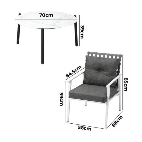 3pc Outdoor Lounge Sets 70CM Grey & White Round Table Rattan Chairs